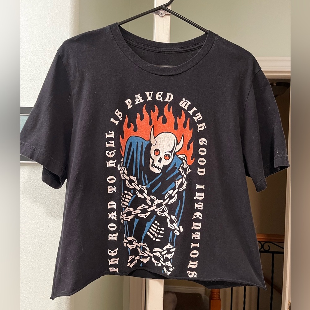 Black Graphic Tee with Skull and Flames